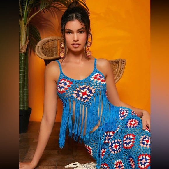 #135 Crochet 2 pieces Floral Patterns Tassel Trim Pointelle Kint Top And Skirt - Picture 5 of 6